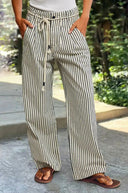 Striped Wide Leg Pants with Elastic Waist and Tie Belt for Women