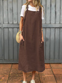 Women’s Linen Dungaree Dress with Side Pockets and Adjustable Straps