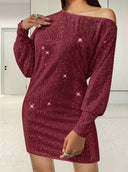 Chic Mini Dress with Asymmetrical Neckline & Balloon Sleeves