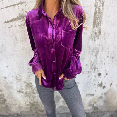 Chic Velvet Blouse with Classic Collar and Long Sleeves