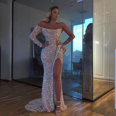 Shimmering Sequin Evening Dress with Chic Slit