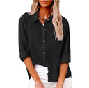 Women's Short Sleeve Linen Blouse with Button Accents