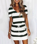 Stylish Women's Striped Mini Dress with Adjustable Waist