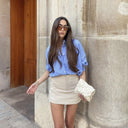 Women's Striped Blouse with Button Accents and Chest Pockets