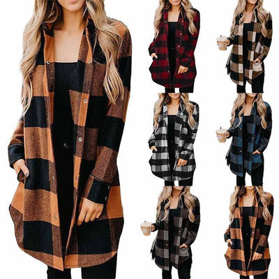Chic Check Print Long Blouse with Button Detail