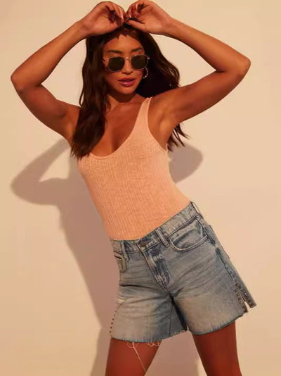 Trendy Denim Shorts for Women with Stud Accents and Fringed Hem