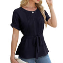 Chic Pleated Blouse with Waist Belt for Women