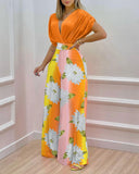 Floral Print Women's Blouse and Wide Leg Pant Set