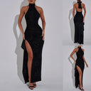 Chic Evening Dress with High Slit & Glitter Accents