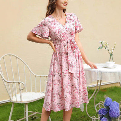 Floral Wrap Dress with Waist Belt for Women