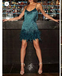 Glitter Evening Dress with Feathers & Shimmering Accents