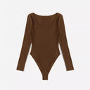 Women's Ribbed Long Sleeve Bodysuit with Deep U-Neck Design
