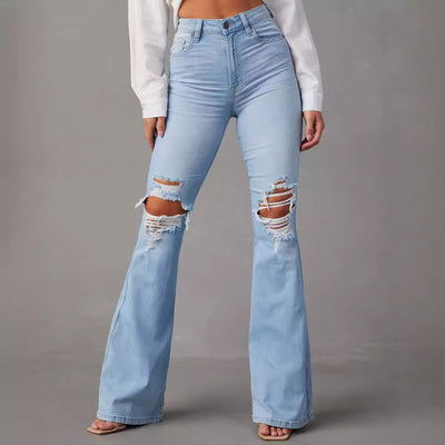 High-Waisted Flared Jeans with Ripped Accents