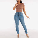 High-Waist Skinny Jeans with Elastic Waistband and Decorative Buttons for Women