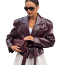 Women's Faux Leather Blazer with Adjustable Belt