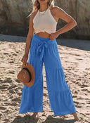 Women's Chic Palazzo Pants with Elastic Waist and Stylish Tie Belt