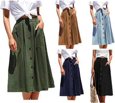 Chic Knee-Length Skirt with Button Closure & Pockets