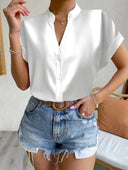 Stylish Short Sleeve Blouse with Stand-Up Collar and Button Accents
