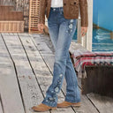 Mid Waist Flamingo Embroidered Denim Pants