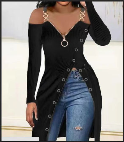 Chic Women's Deep Neckline Dress with Button Accents