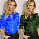 Chic Satin Blouse with Puff Sleeves and Contemporary Collar