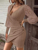 Chic Women's Wrap Dress with Lace Sleeves and Button Accents