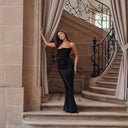 Women's Long-Sleeved Evening Dress with Structured Bodice and Ruffled Waistline