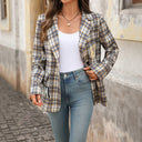 Chic Checkered Women's Blazer with Trendy Patches