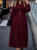 Chic Women's Dress with Fitted Belt & Button Detail