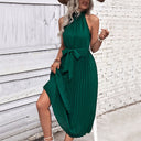 Chic Midi Dress with Pleated Design and Adjustable Belt