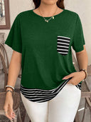 Striped Hem Women's T-Shirt with Chest Pocket