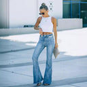 Vintage High-Waist Flared Jeans with Frayed Hem for Women