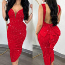 Chic Women's Midi Dress with Deep V-Neck and Peplum Hem