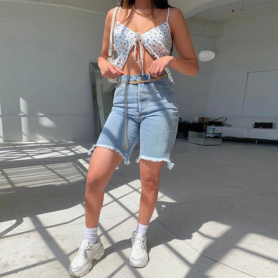 High-Waist Women's Denim Shorts with Frayed Hems