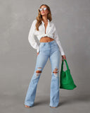 Woman's Frayed Hem Flared Jeans - Faded Style