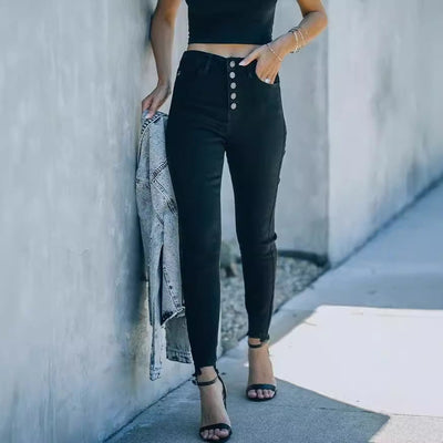 Women's High-Waisted Skinny Jeans with Button Closure - Flattering Fit