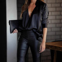 Chic Silk Blouse with Deep V-Neck & Drop-Shoulder Design