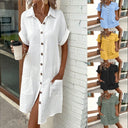 Women's Cotton Shirt Dress with Pockets and Button Placket