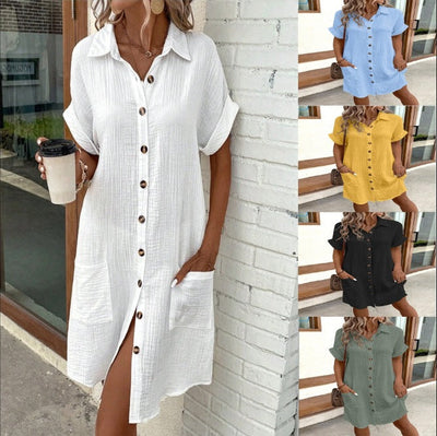 Women's Cotton Shirt Dress with Pockets and Button Placket