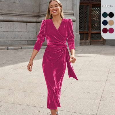 Chic Puff Sleeve Wrap Dress with Gold Accents