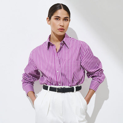 Chic Striped Blouse with Classic Collar and Pockets