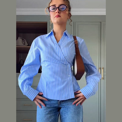 Chic Stripe Pattern Women's Wrap Blouse