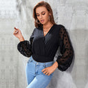Women's V-Neck Bodysuit with Sheer Puff Sleeves