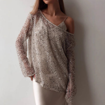 Women's Asymmetrical Mesh Blouse with Sparkling Details