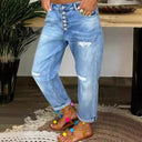 Distressed Button Fly Boyfriend Jeans for Women