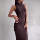 Women's High Collar Knit Bodycon Dress with Ribbed Texture