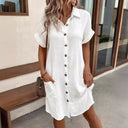 Chic Short Sleeve Shirt Dress with Button Placket and Handy Pockets