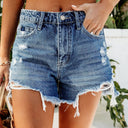 High-Waisted Distressed Denim Shorts with Frayed Hem for Women