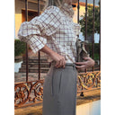 Checkered Women's Blouse with Ruffle Accents & Button Closure