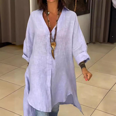 Women's Linen Blouse with Deep V-Neck Design